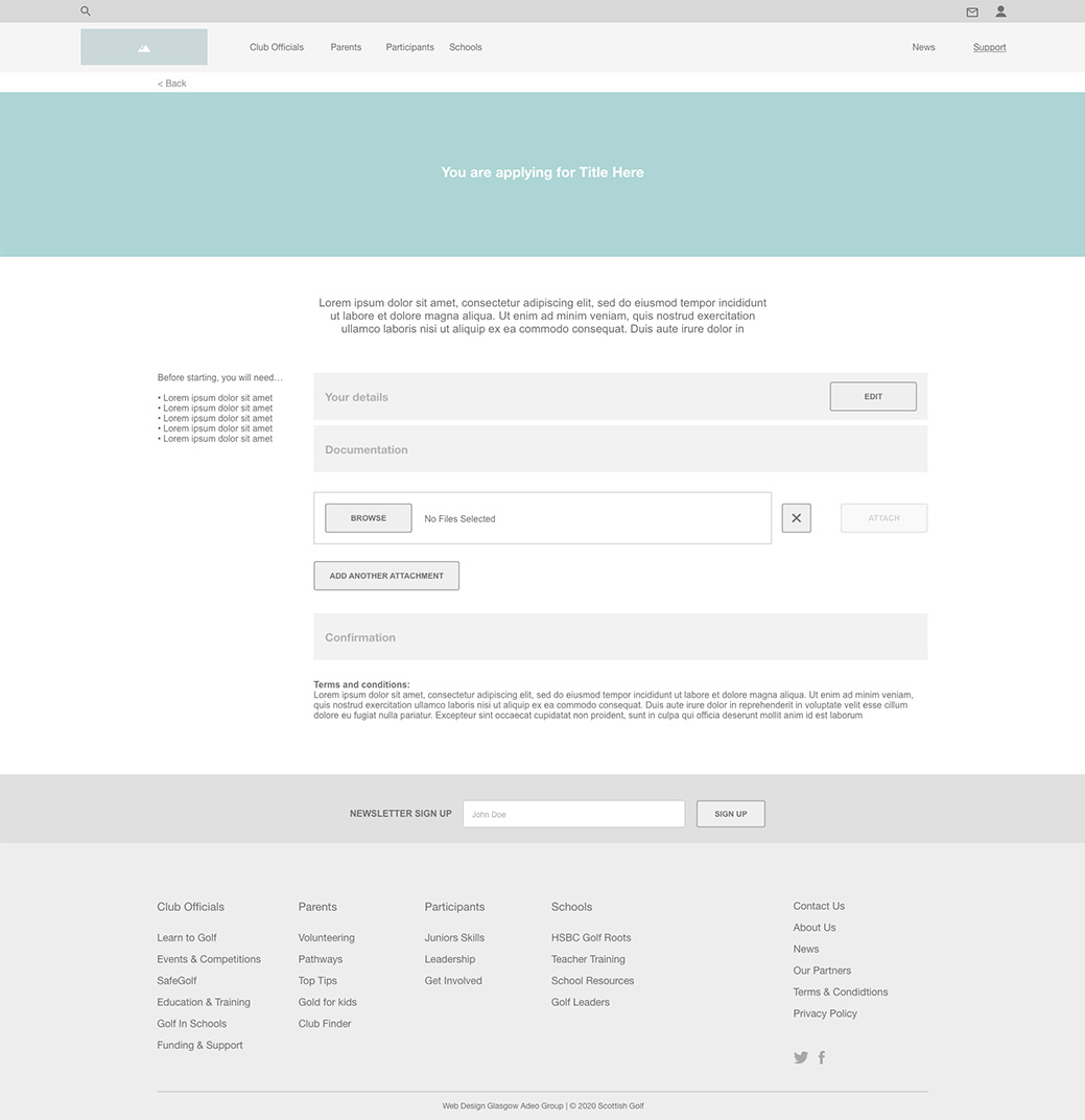 Funding application wireframe